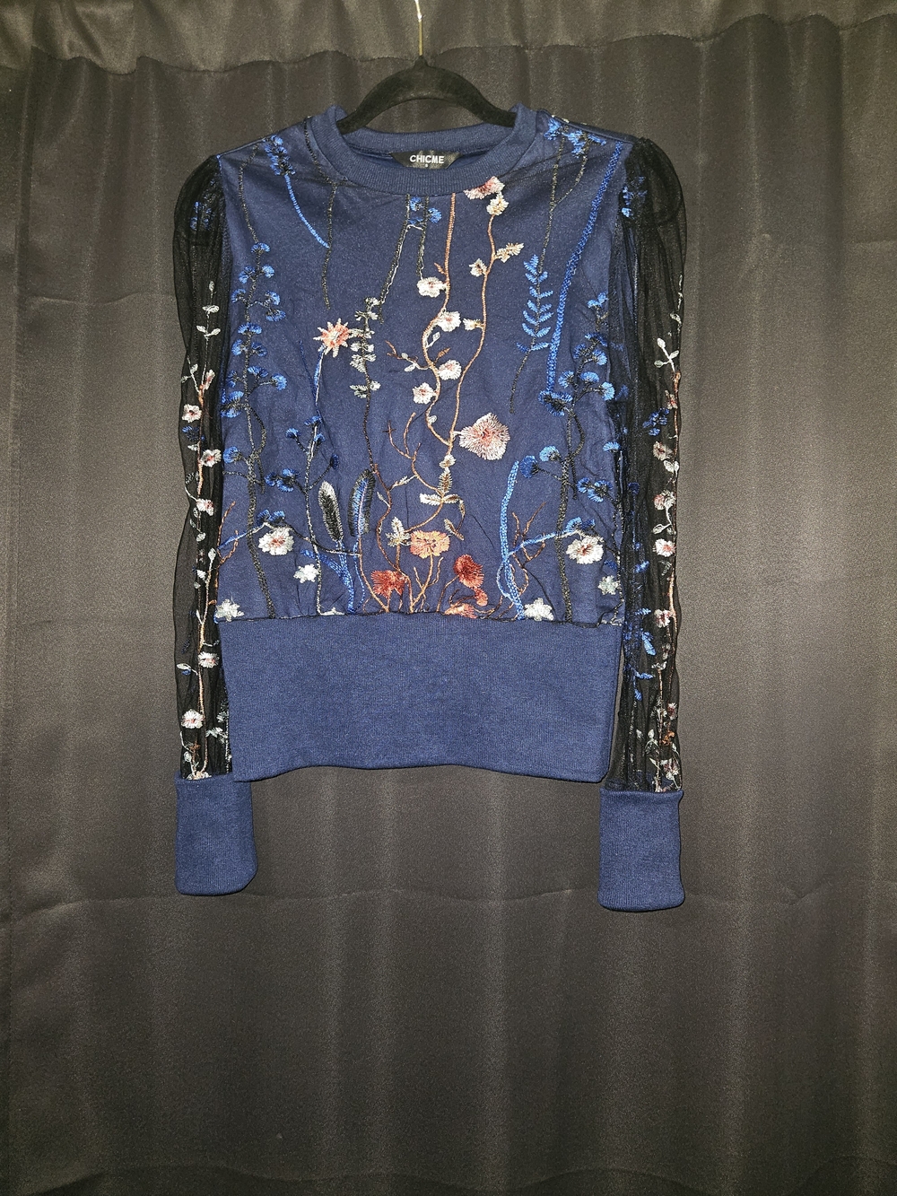 ChicMe Blue Floral Embroidered Mesh Sheer Blouse Top Size S